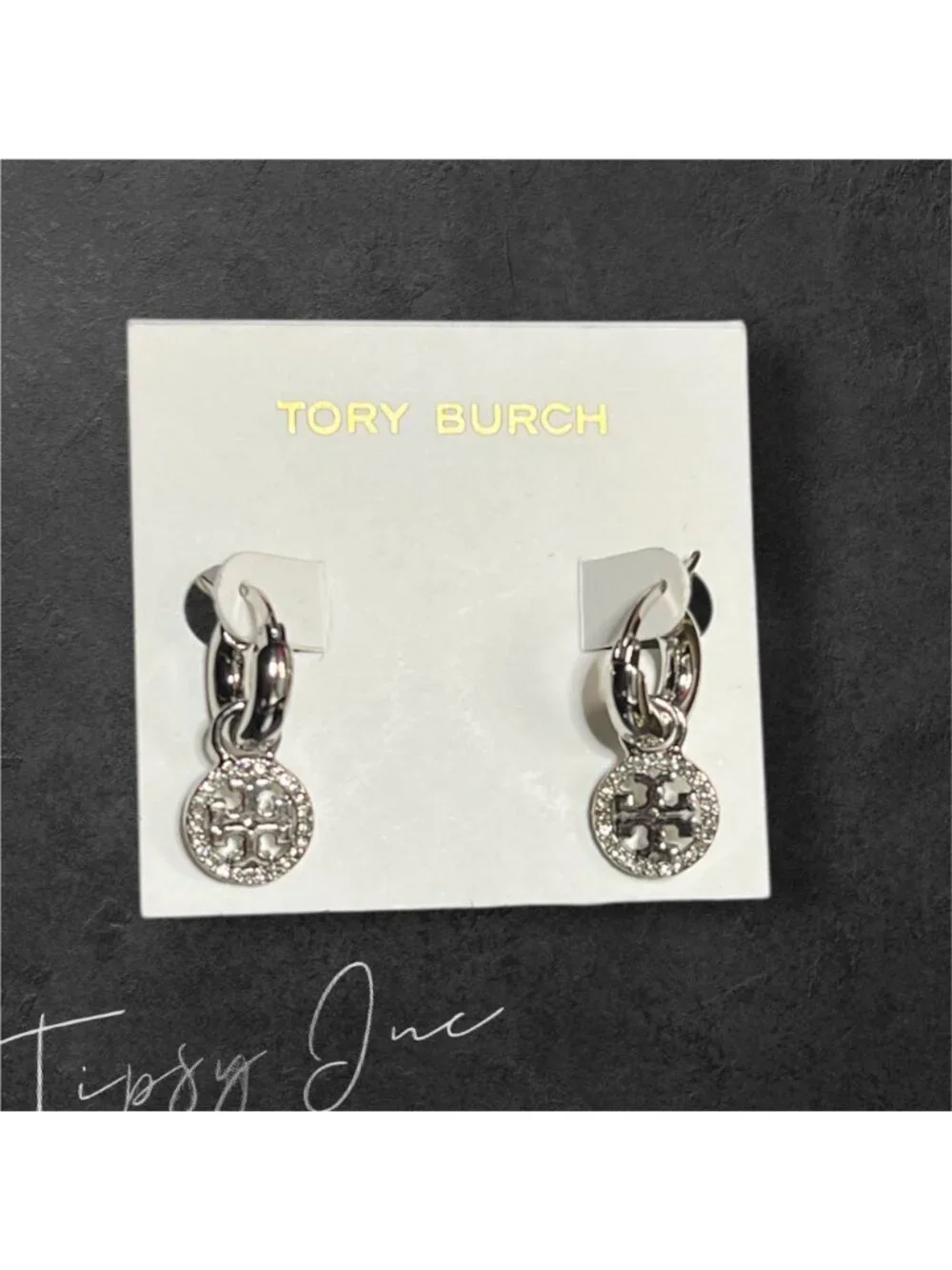 Tory Burch Silver Mille Pave Hoop/Huggie Earrings